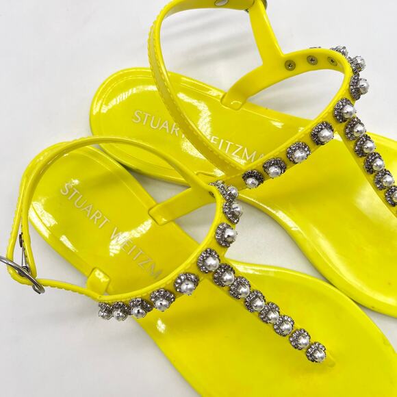 STUART WEITZMAN Goldie Pearl Crystal Jelly Sandals Womens 8 Neon Yellow T-strap - Picture 7 of 12